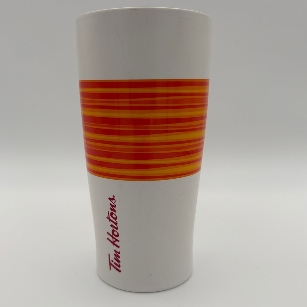 Tim Hortons 2015 Limited Edition Ceramic Travel Mug White Orange Stripes Lid
